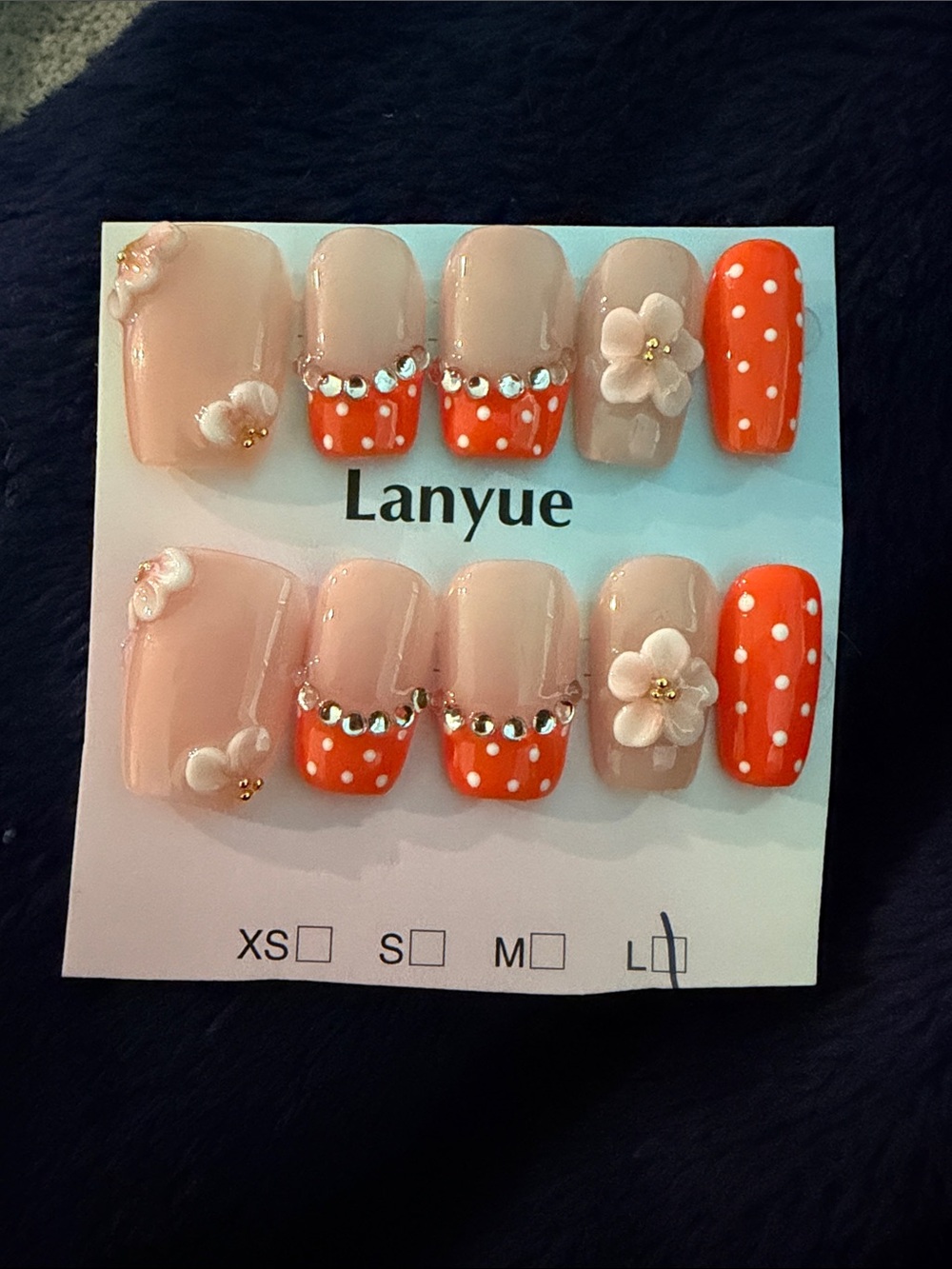Handmade acrylic Press-On Nails — Nude & Bright Orange Polka Dot Floral Set